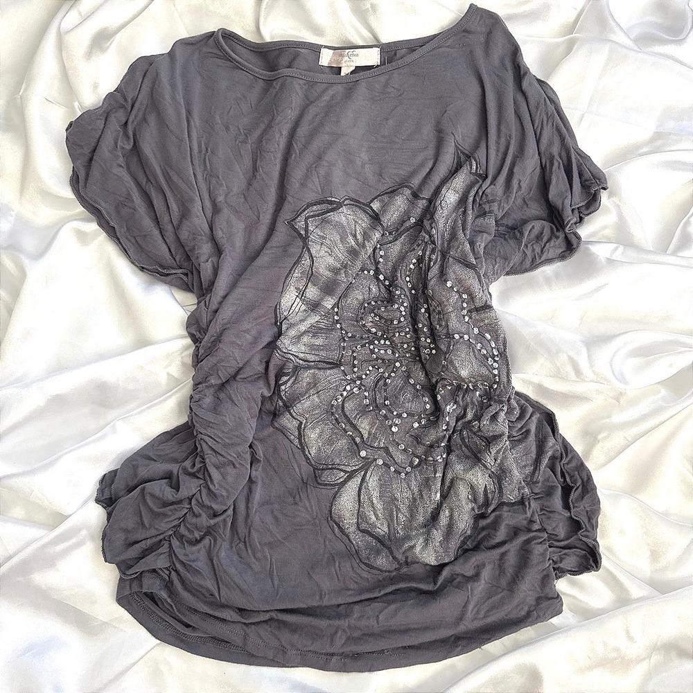 Cousin Claudine Charcoal Grey Rhinestone Silver Floral Ruched Side Top XL